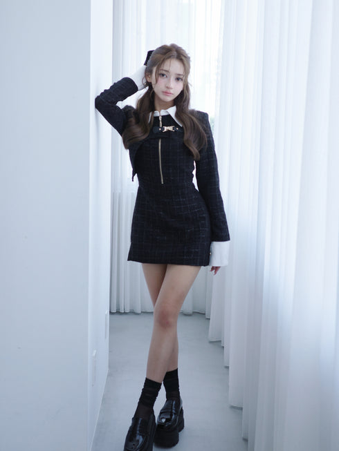 Asymmetry buckle tweed dress